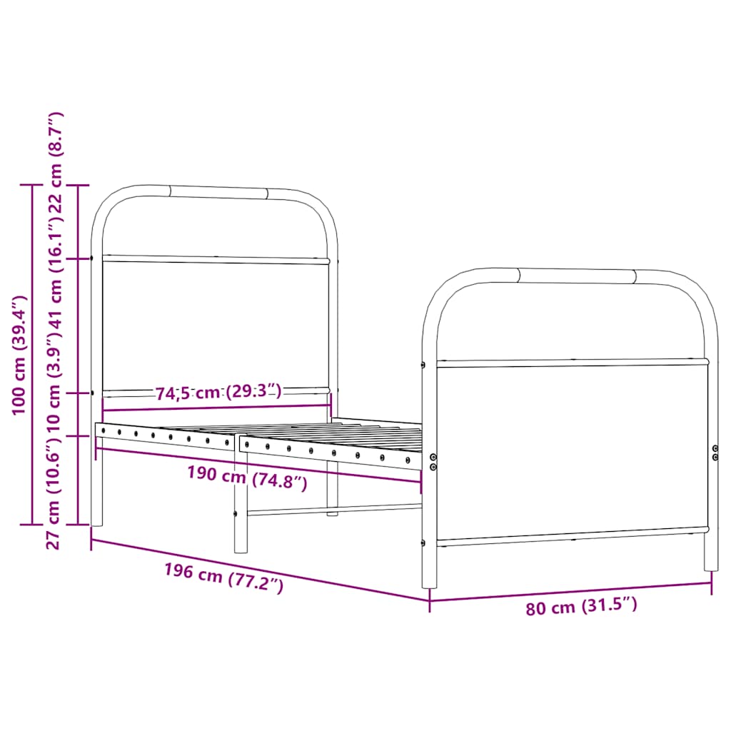 Cadre de lit sans matelas chêne fumé 75x190cm bois d'ingénierie