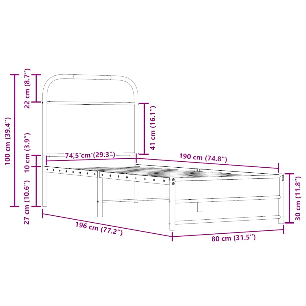 Cadre de lit sans matelas chêne fumé 75x190cm bois d'ingénierie