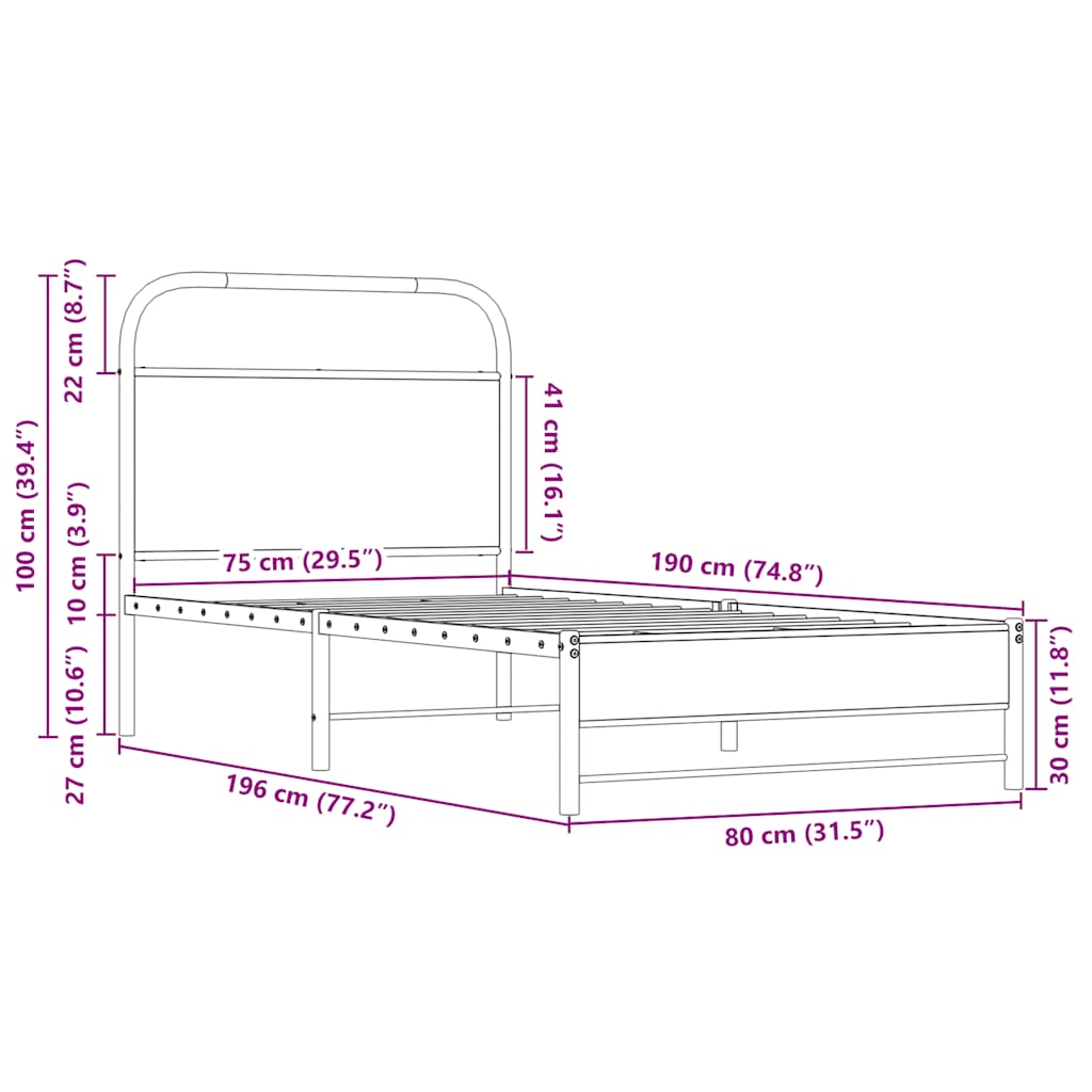 Cadre de lit sans matelas 75x190cm chêne sonoma bois ingénierie