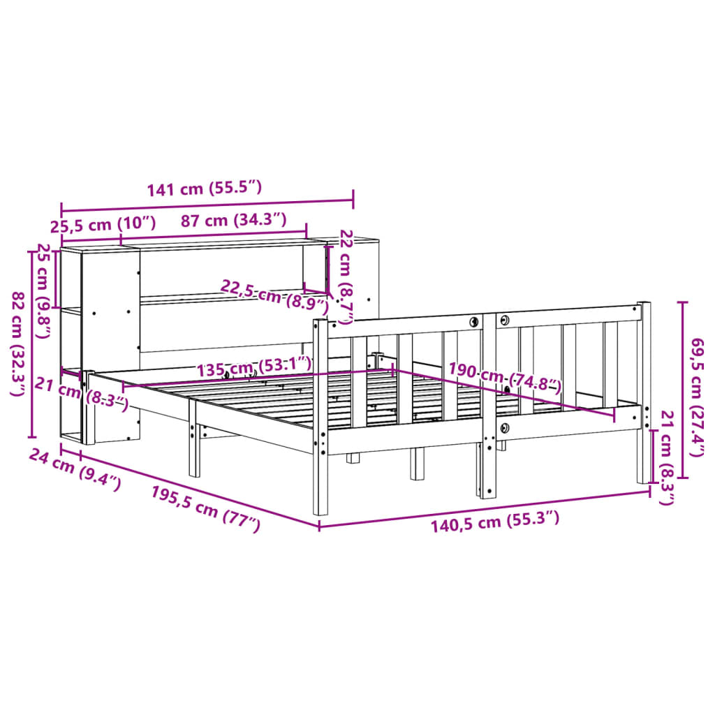 Lit bibliothèque sans matelas blanc 135x190 cm bois pin massif