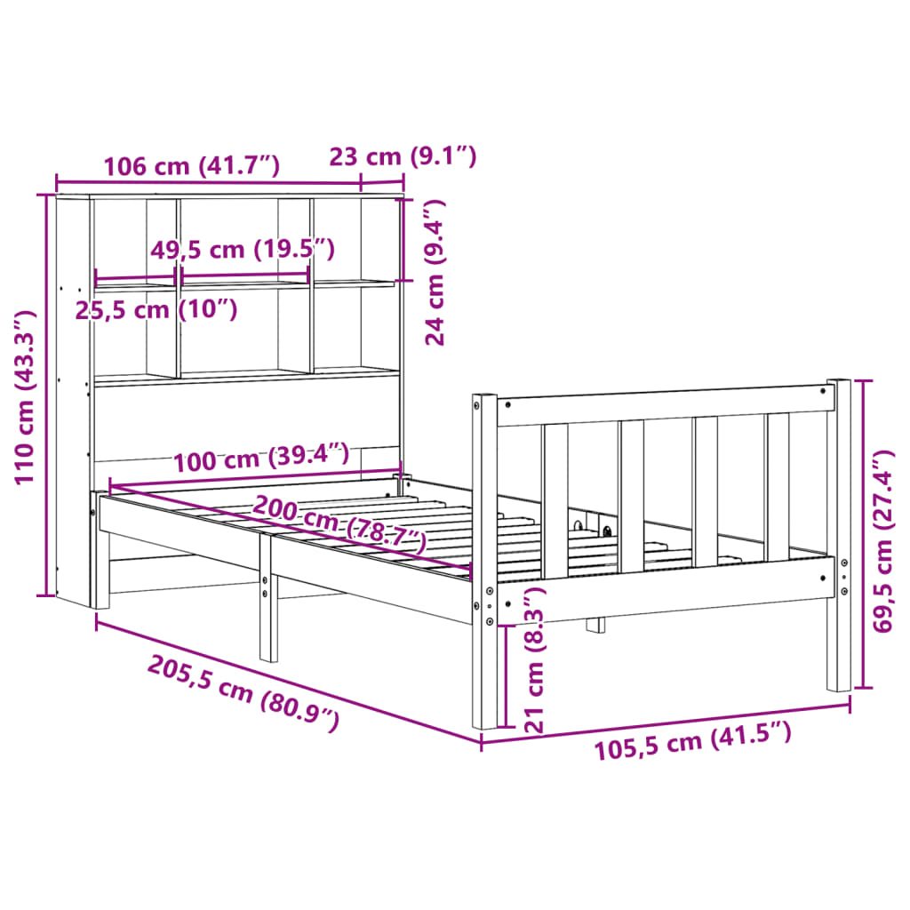 Lit bibliothèque sans matelas 100x200 cm bois massif de pin