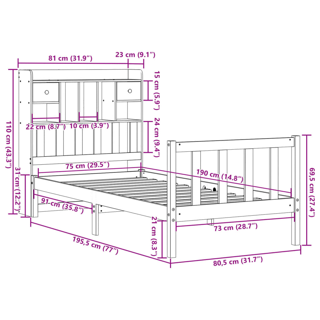 Lit bibliothèque sans matelas blanc 75x190cm bois de pin massif