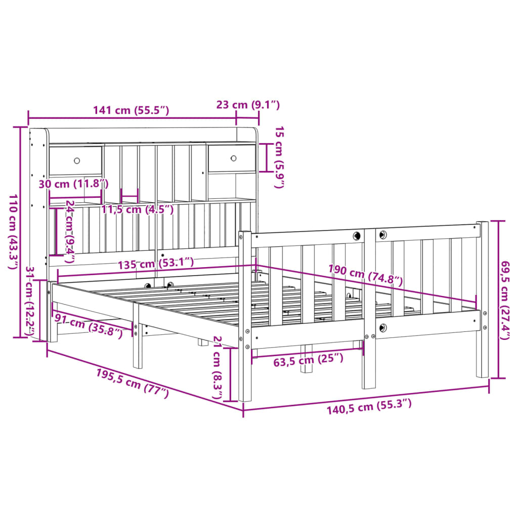 Lit bibliothèque sans matelas 135x190 cm bois de pin massif