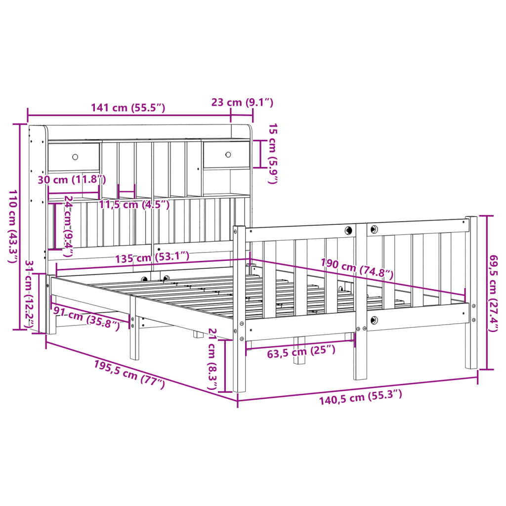 Lit bibliothèque sans matelas blanc 135x190 cm bois pin massif