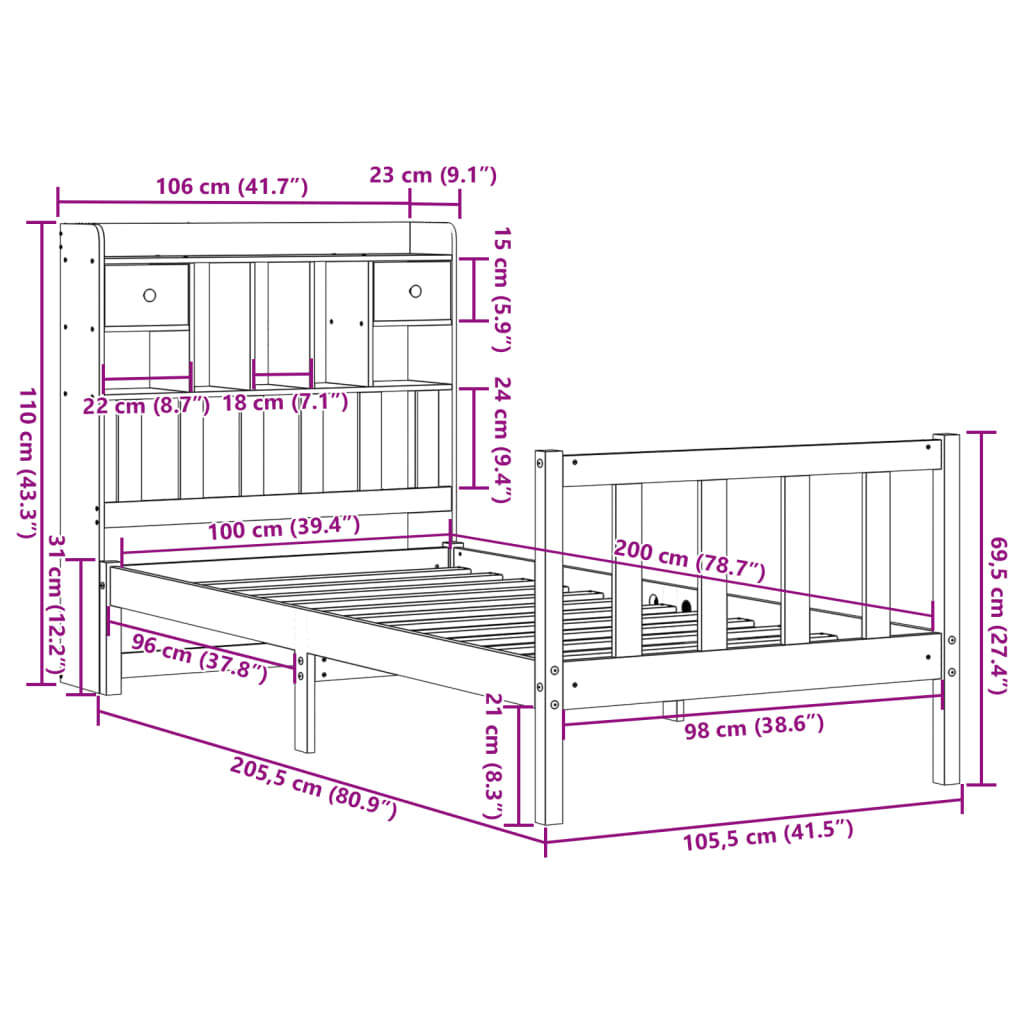 Lit bibliothèque sans matelas 100x200 cm bois massif de pin