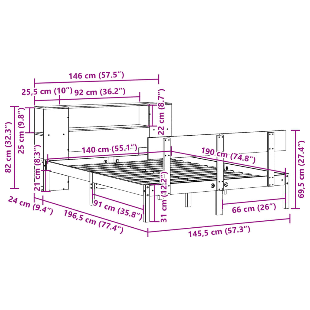 Lit bibliothèque sans matelas 140x190 cm bois de pin massif