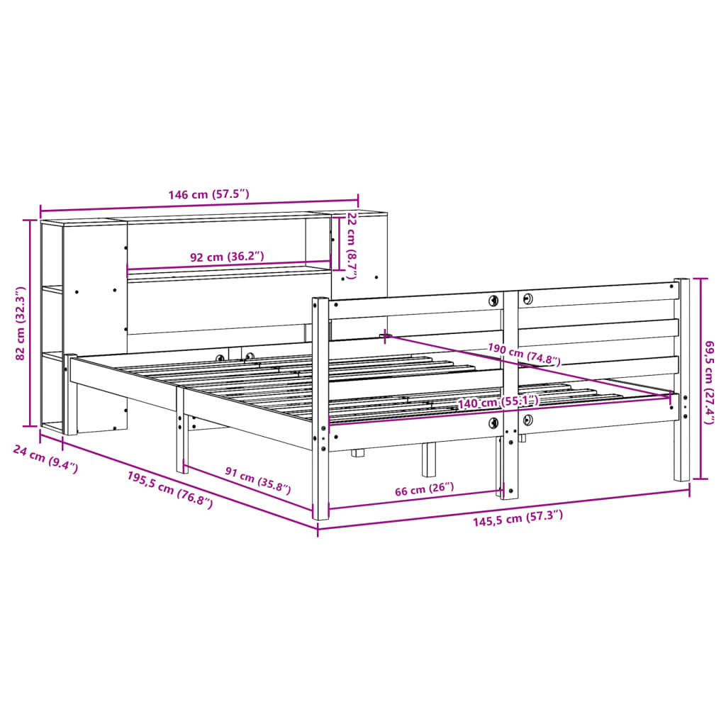 Lit bibliothèque sans matelas 140x190 cm bois de pin massif