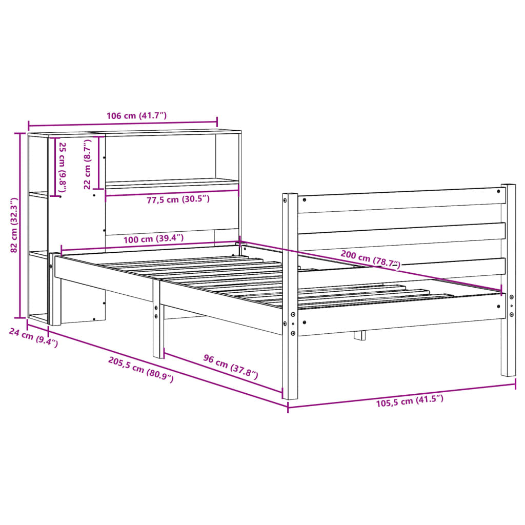 Lit bibliothèque sans matelas cire marron 100x200cm bois massif