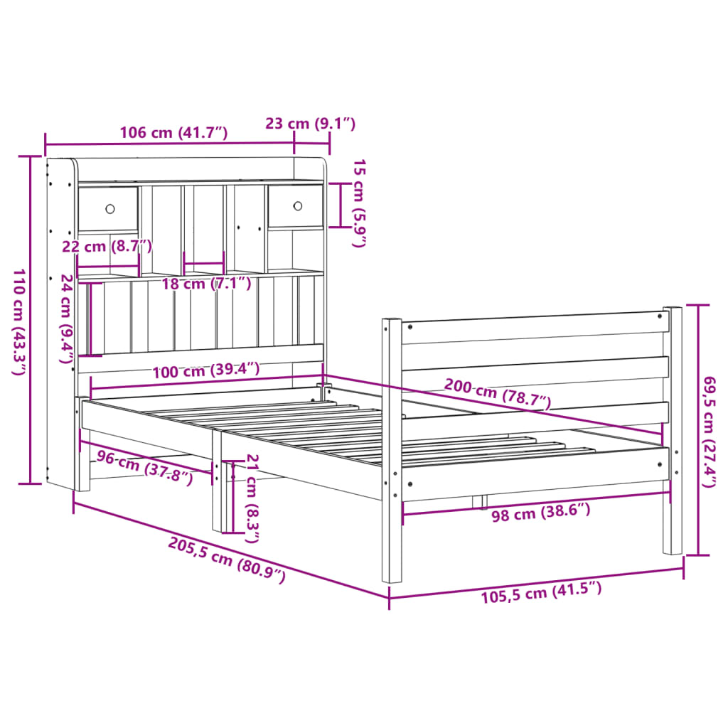 Lit bibliothèque sans matelas cire marron 100x200 cm pin massif