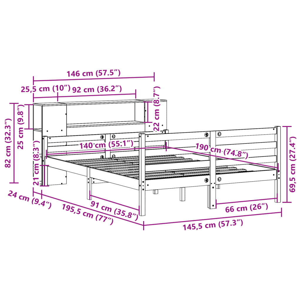 Lit bibliothèque sans matelas 140x190 cm bois de pin massif