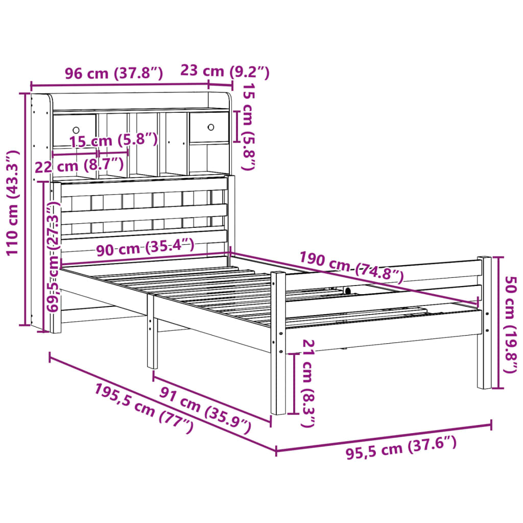 Lit bibliothèque sans matelas 90x190 cm bois de pin massif