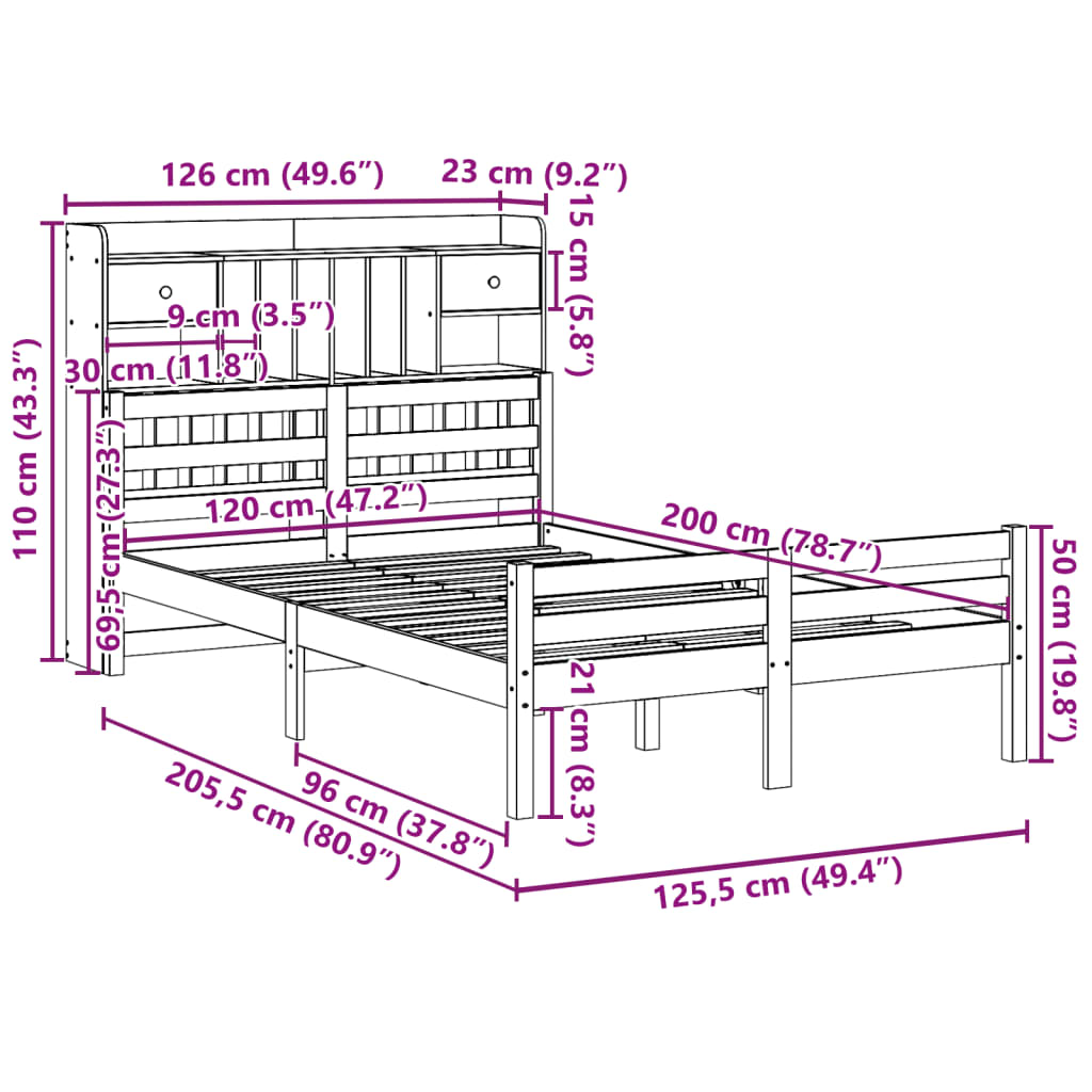 Lit bibliothèque sans matelas blanc 120x200 cm bois pin massif