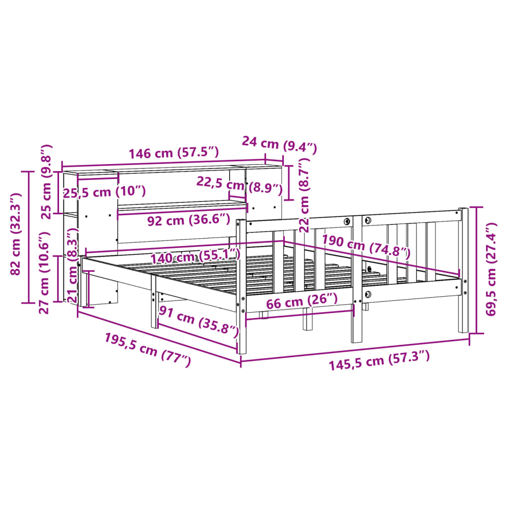 Lit bibliothèque sans matelas 140x190 cm bois de pin massif