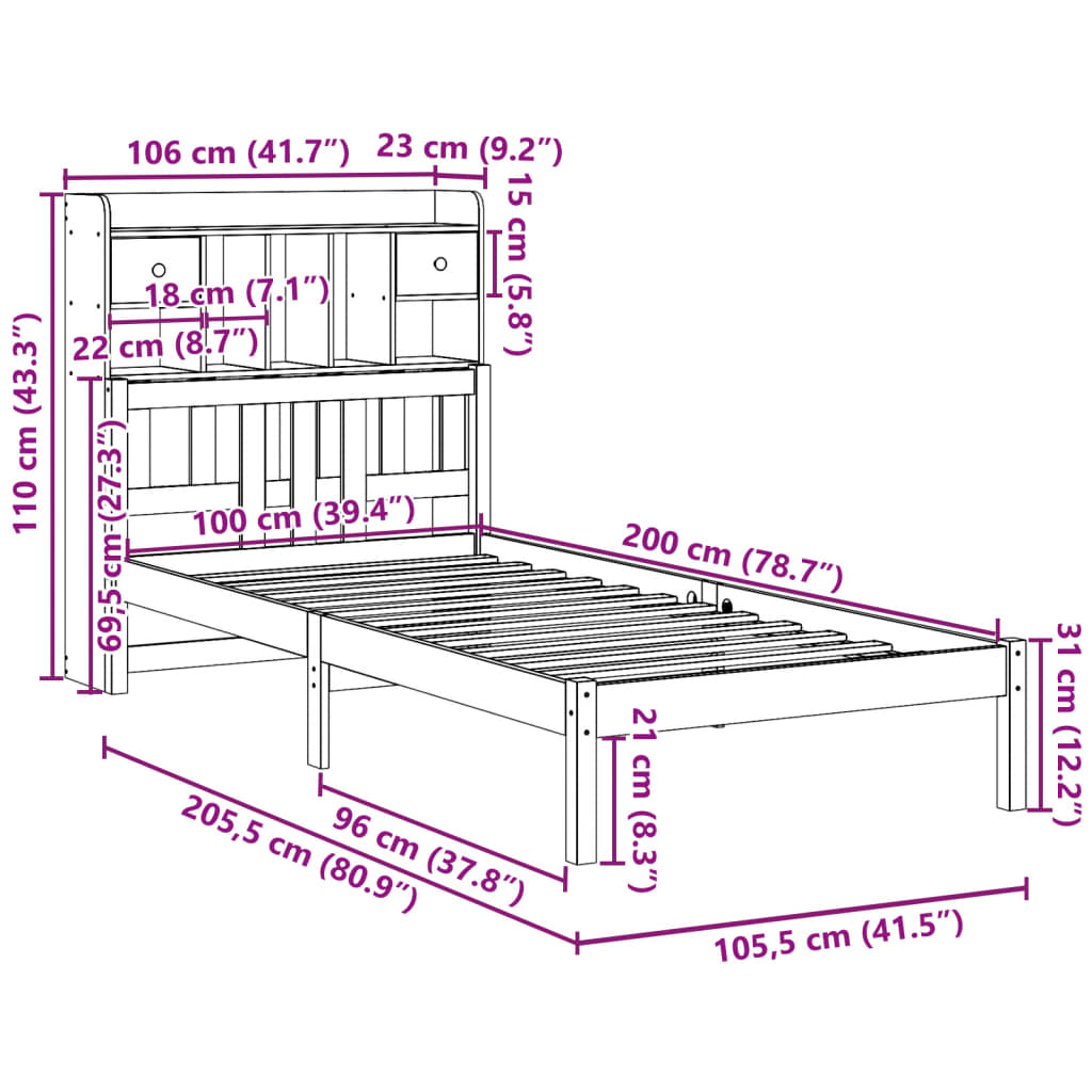 Bücherregalbett ohne weiße Matratze 100x200 cm aus massivem Kiefernholz