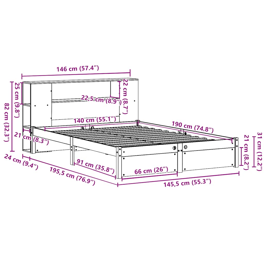 Lit bibliothèque sans matelas 140x190 cm bois de pin massif