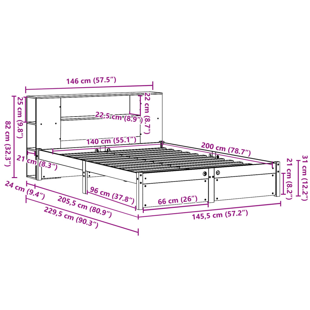 Lit bibliothèque sans matelas 140x200 cm bois massif de pin