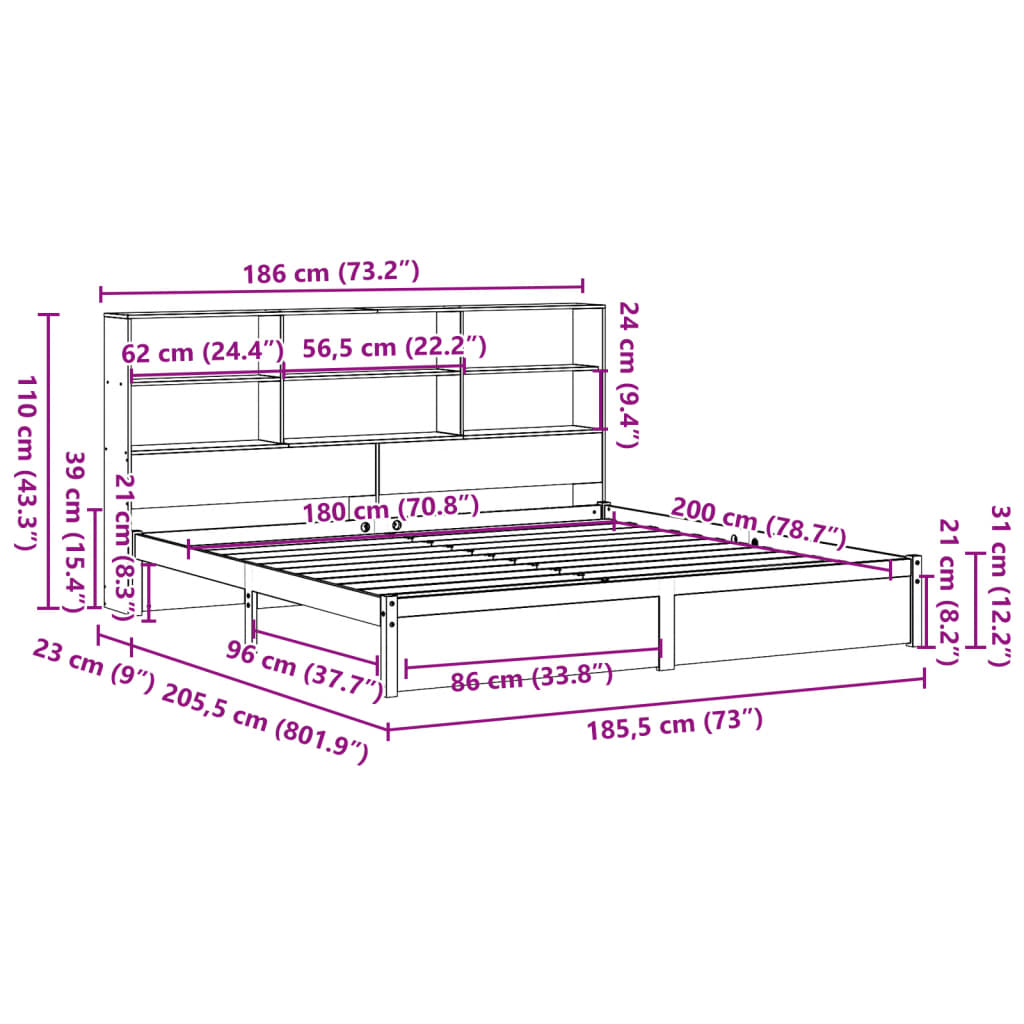 Lit bibliothèque sans matelas 180x200 cm bois massif de pin