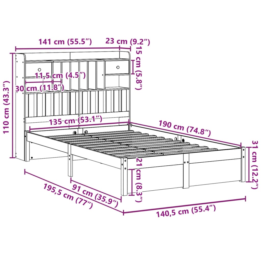 Lit bibliothèque sans matelas blanc 135x190 cm bois pin massif