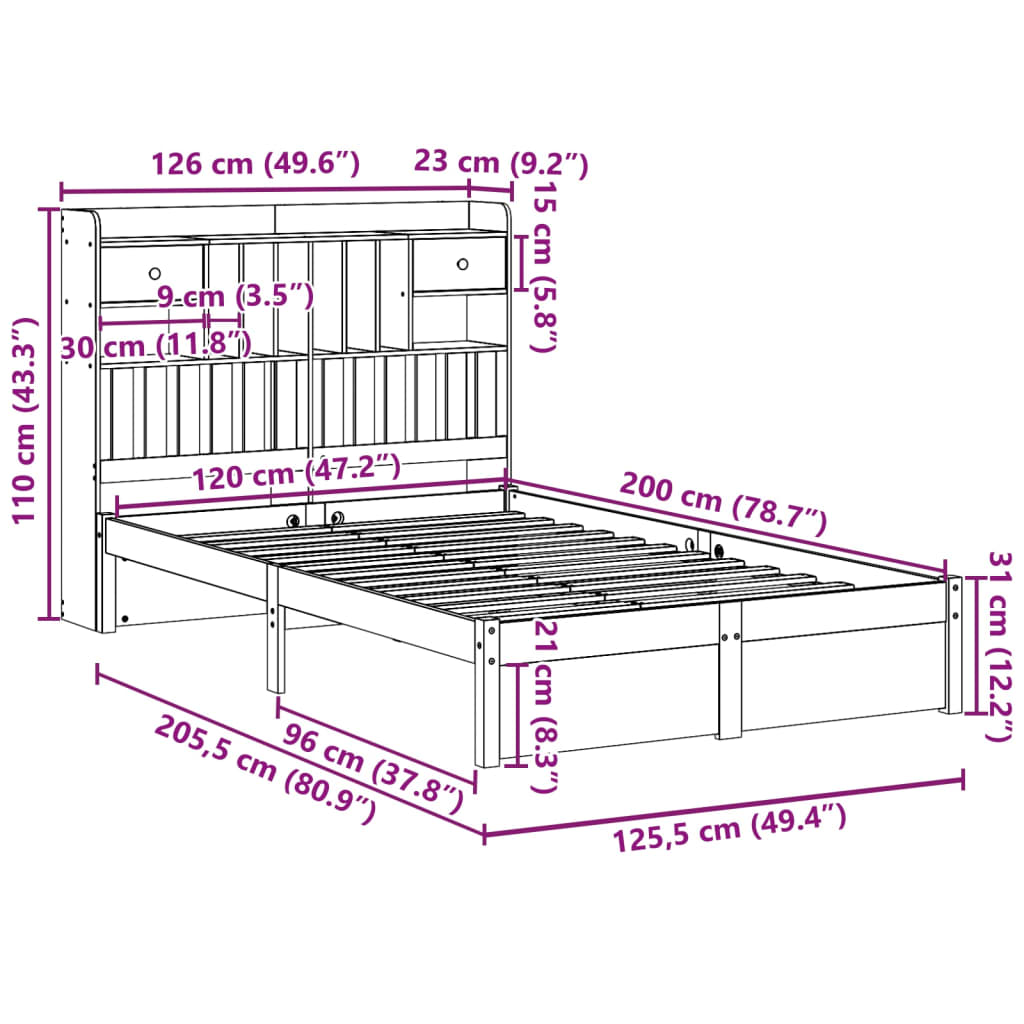 Bücherregalbett ohne Matratze 120x200 cm aus massivem Kiefernholz