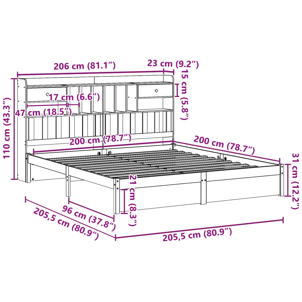 Lit bibliothèque sans matelas 200x200 cm bois massif de pin