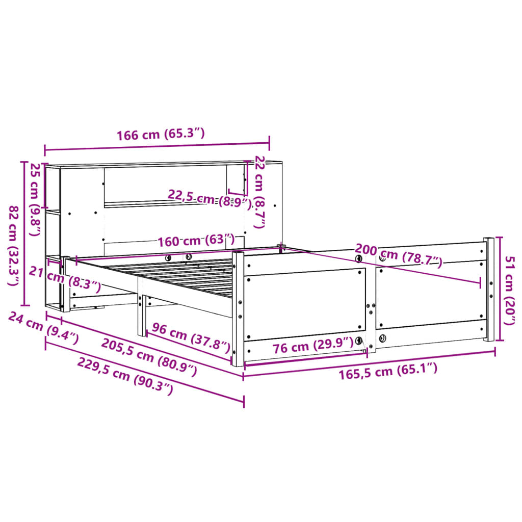 Lit bibliothèque sans matelas blanc 160x200 cm bois pin massif