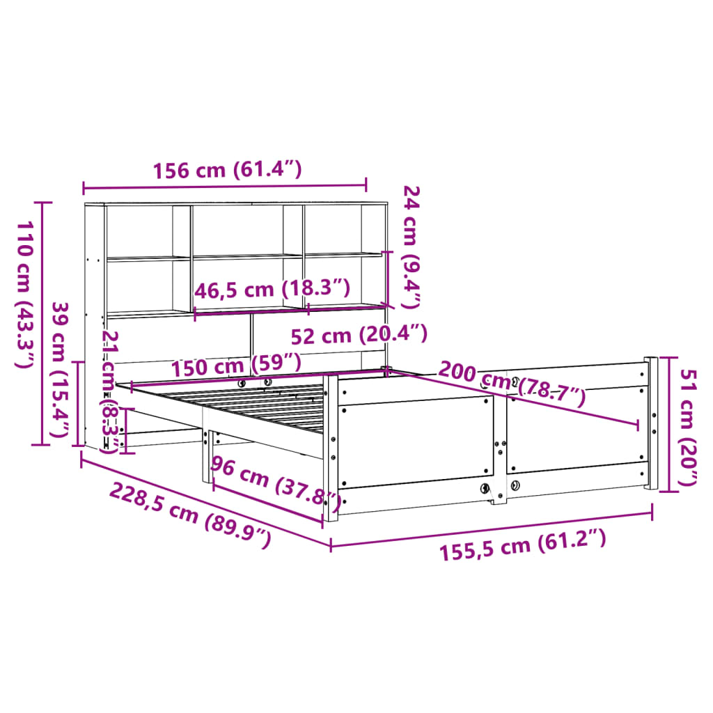 Lit bibliothèque sans matelas 150x200 cm bois massif de pin