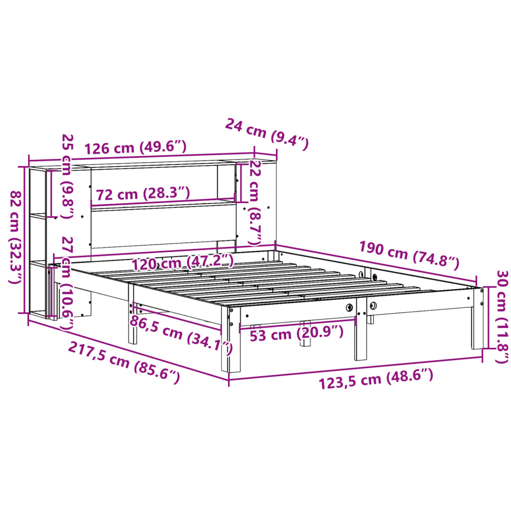 Lit bibliothèque sans matelas 120x190 cm bois de pin massif