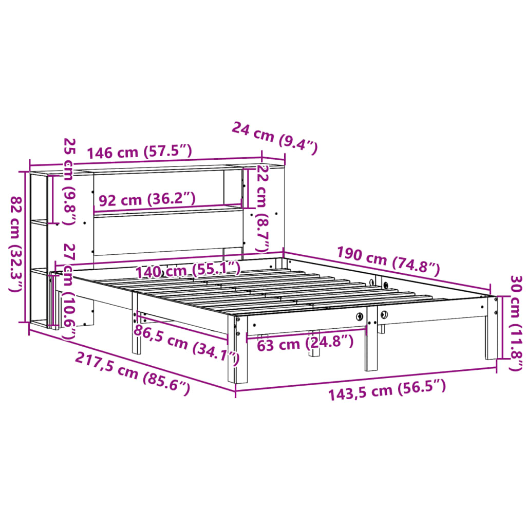 Lit bibliothèque sans matelas 140x190 cm bois de pin massif