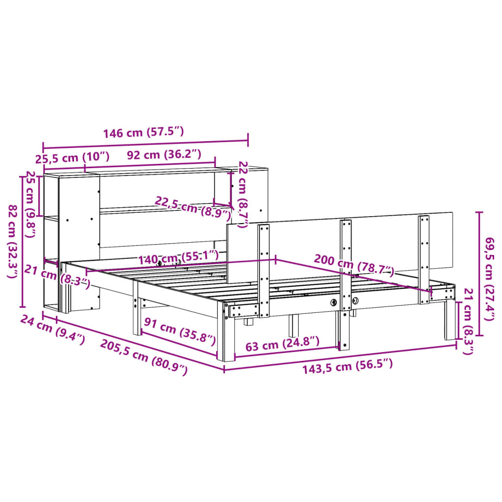 Lit bibliothèque sans matelas 140x200 cm bois massif de pin