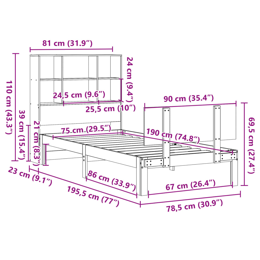 Lit bibliothèque sans matelas 75x190 cm bois de pin massif