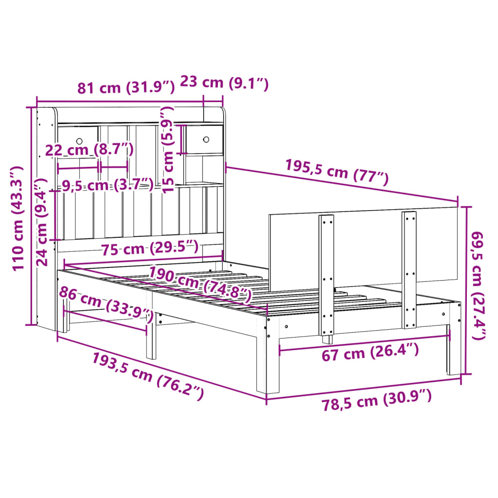 Lit bibliothèque sans matelas 75x190 cm bois de pin massif