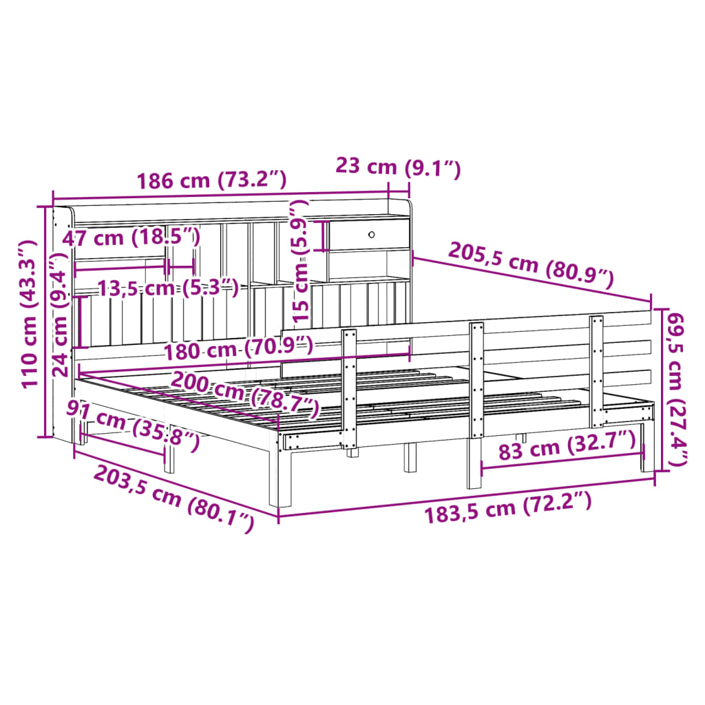 Bücherregalbett ohne weiße Matratze 180x200 cm aus massivem Kiefernholz