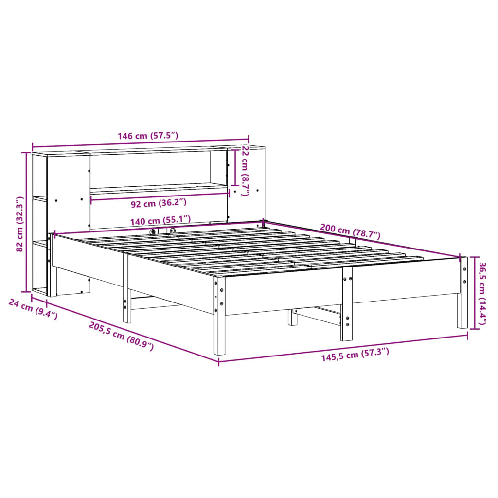 Lit bibliothèque sans matelas 140x200 cm bois massif de pin