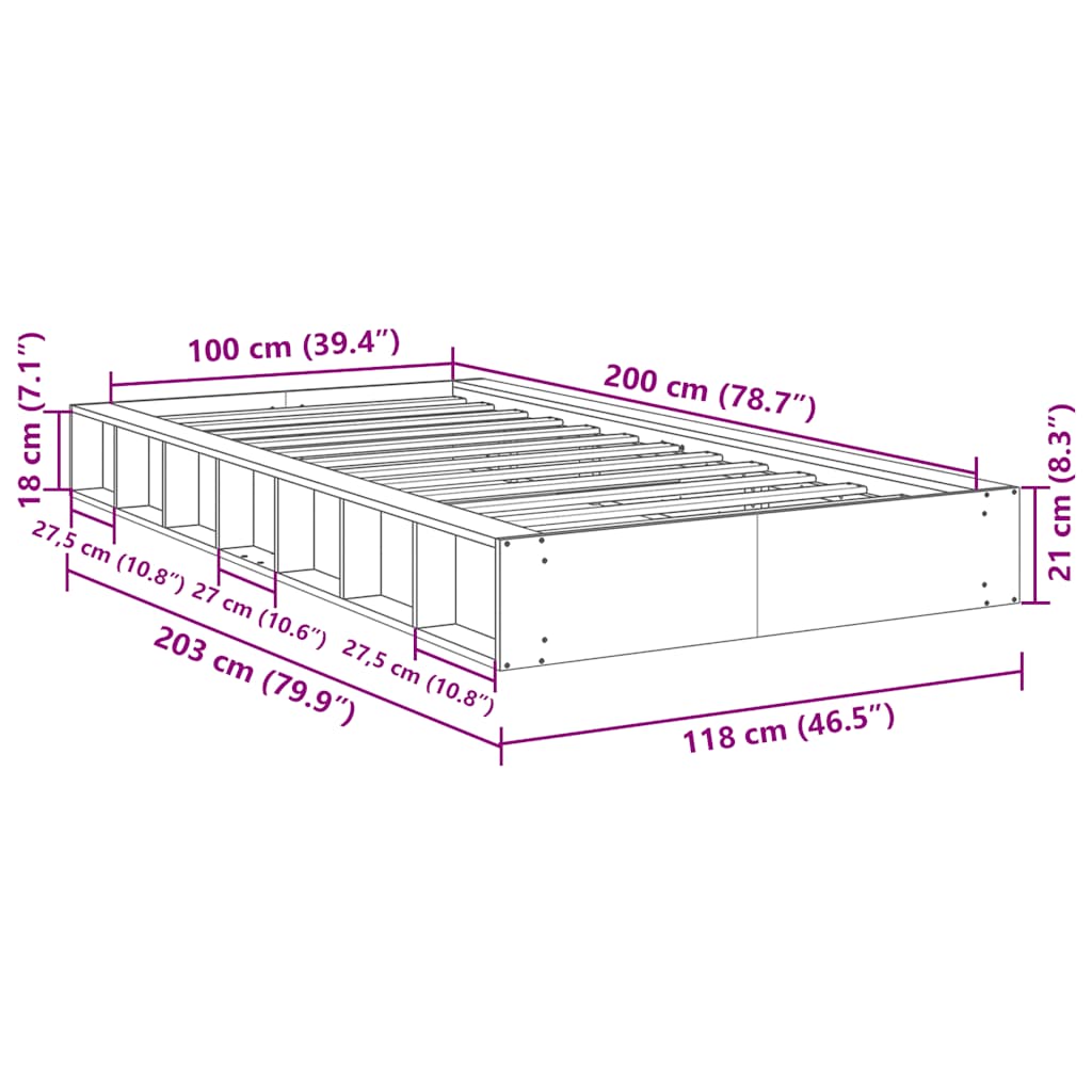 Cadre de lit sans matelas 100x200 cm bois massif de chêne