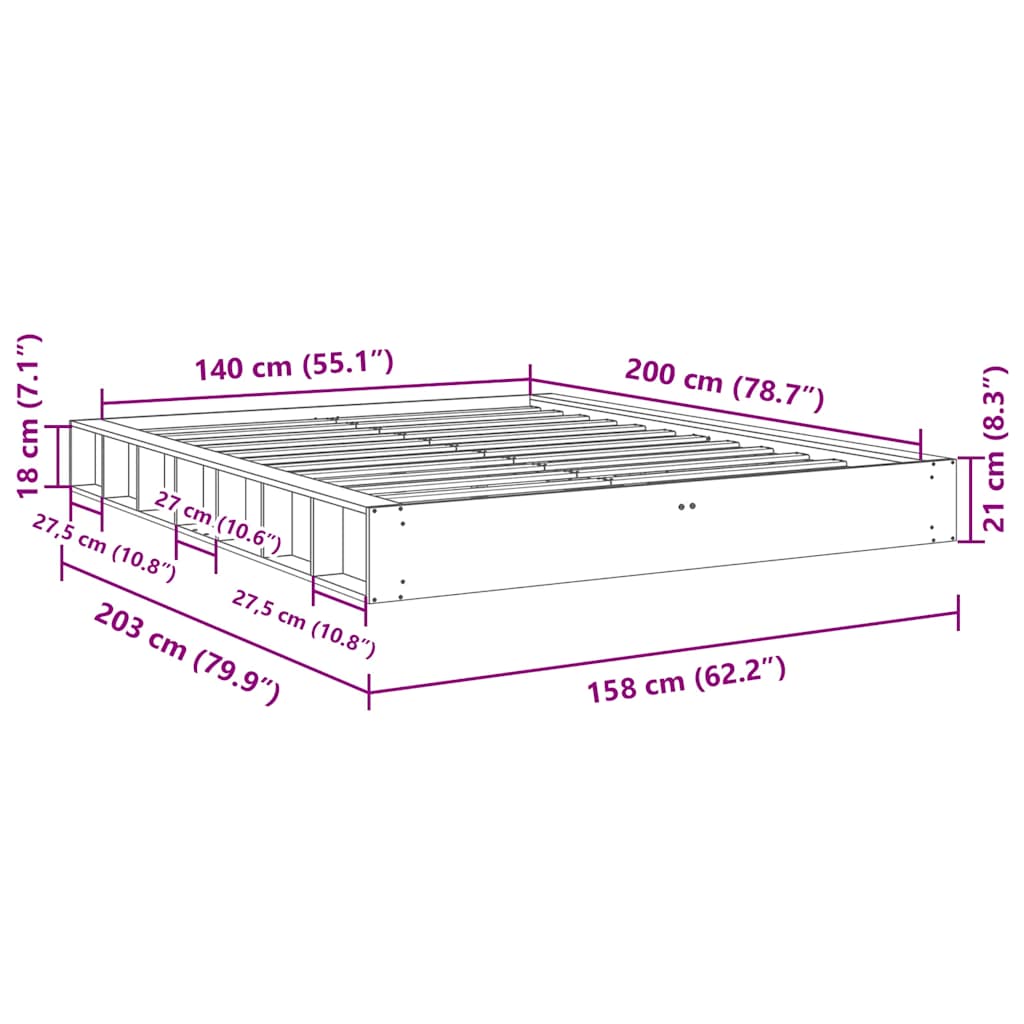 Cadre de lit sans matelas 140x200 cm bois massif de chêne