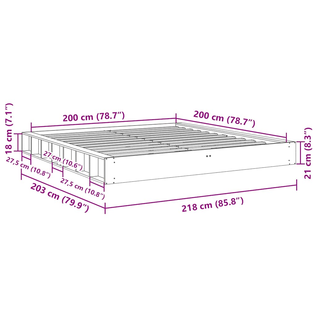 Cadre de lit sans matelas 200 x 200 cm en bois massif de chêne