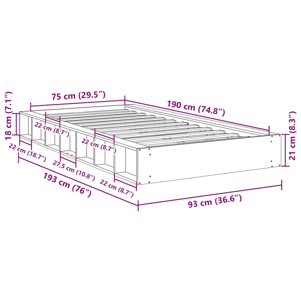 Cadre de lit sans matelas 75x190 cm bois massif de chêne