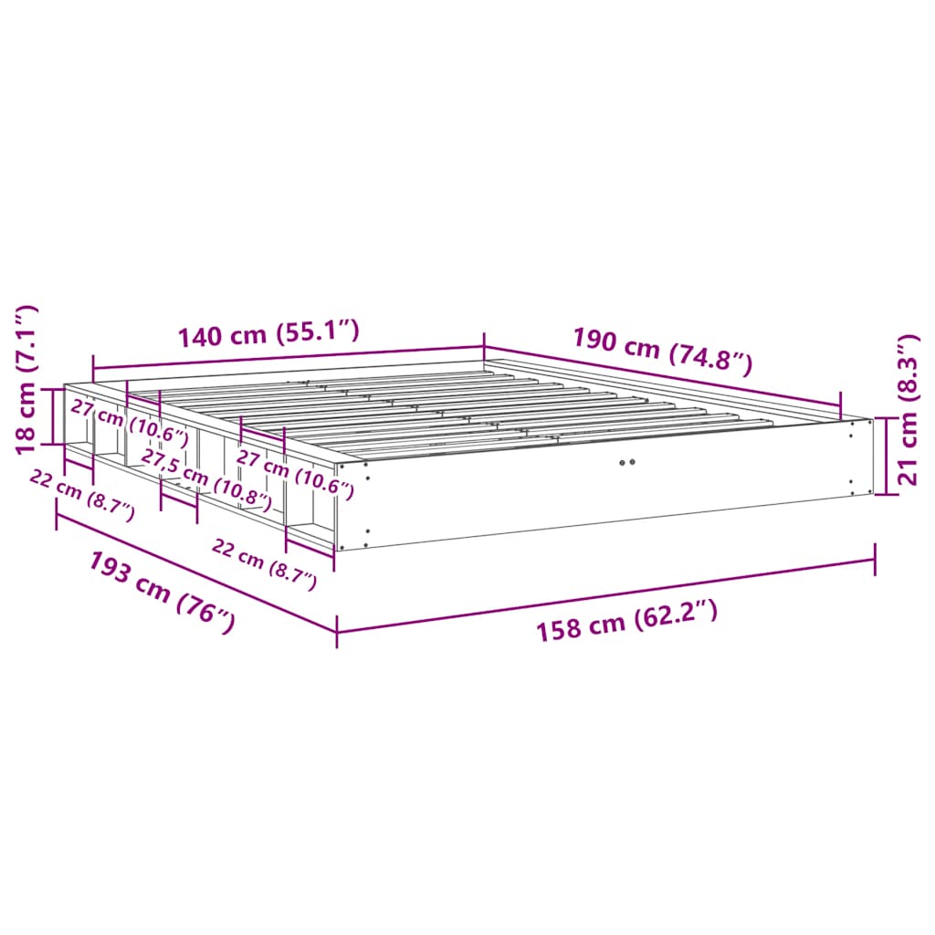 Cadre de lit sans matelas 140x190 cm bois massif de chêne