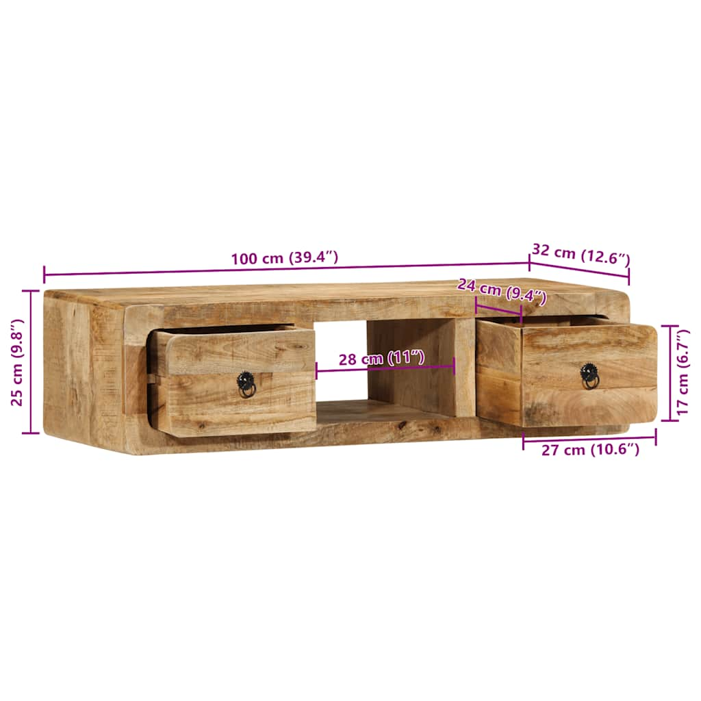 Meuble TV mural 100x32x25 cm bois massif manguier brut