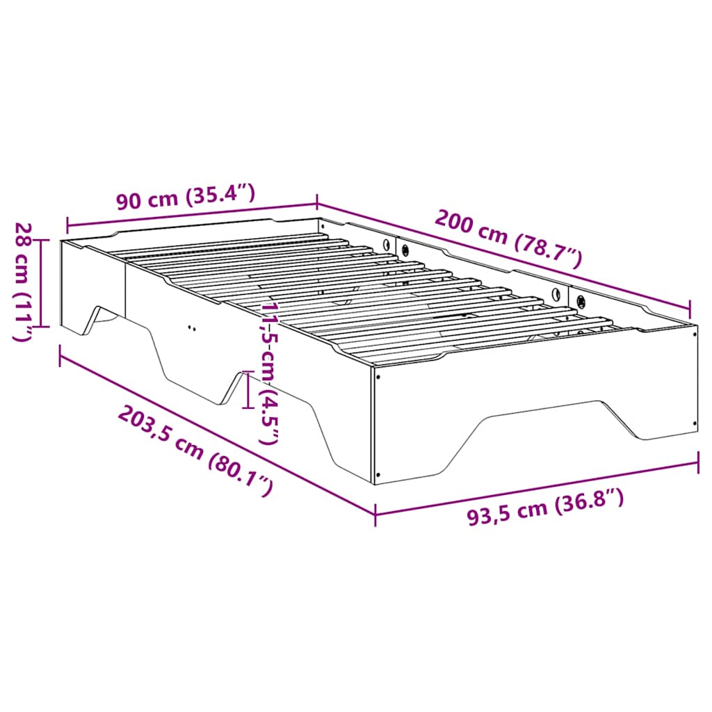 Bettgestell ohne stapelbare Matratze 90x200 cm Massivholz