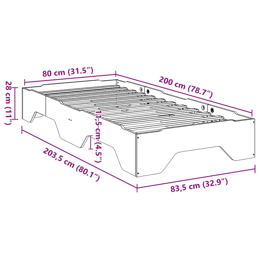 Bettgestell ohne stapelbare Matratze 80x200 cm Massivholz