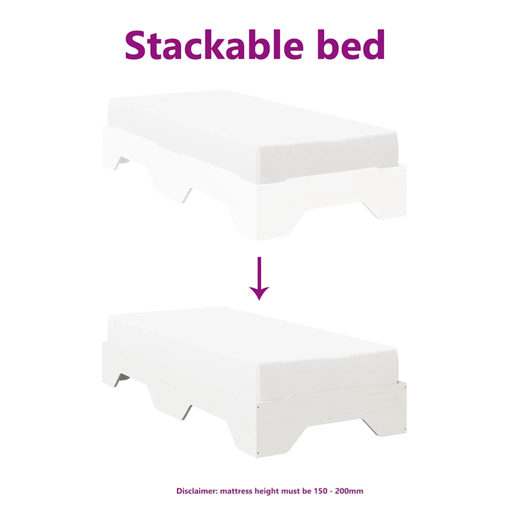 Stackable white bed frame without mattress 75x190 cm solid wood