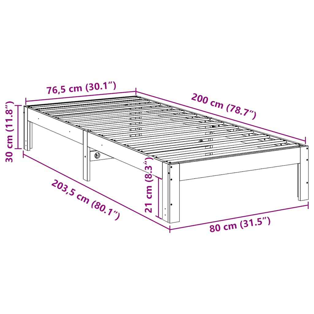 Bed frame without mattress 80x200 cm solid pine wood