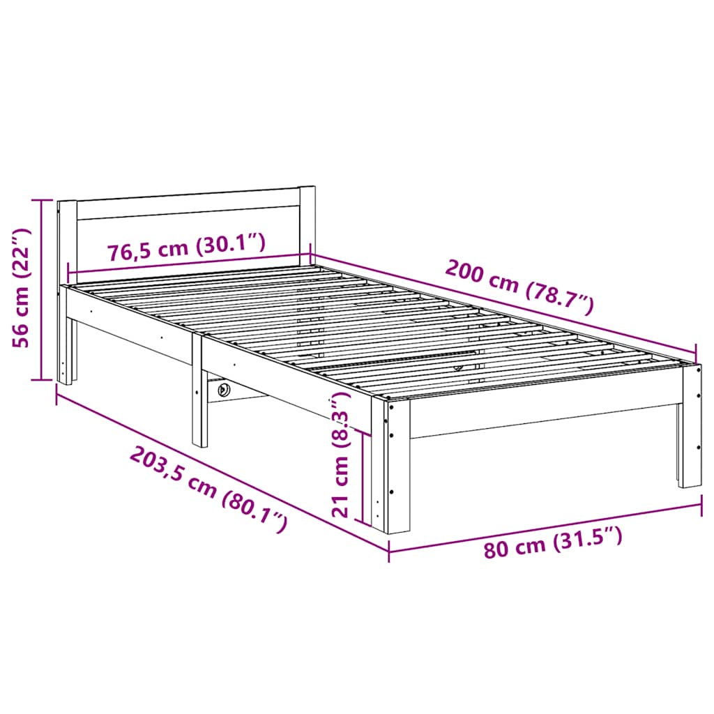 Bed frame without mattress 80x200 cm solid pine wood