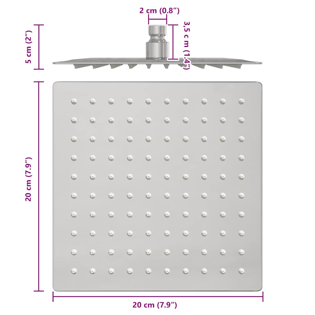 Pomme de douche pluie acier inoxydable 304 20x20 cm carrée