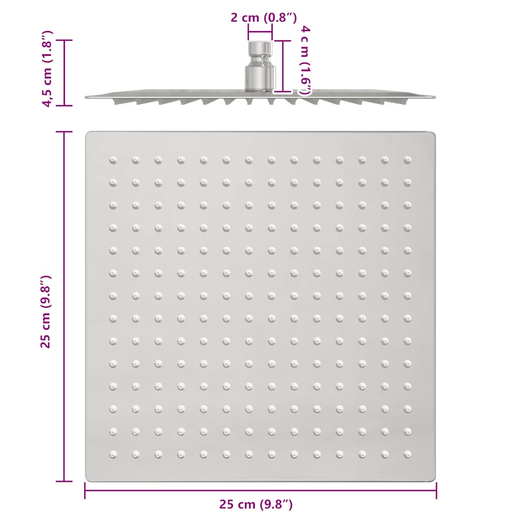 Pomme de douche pluie acier inoxydable 304 25x25 cm carrée