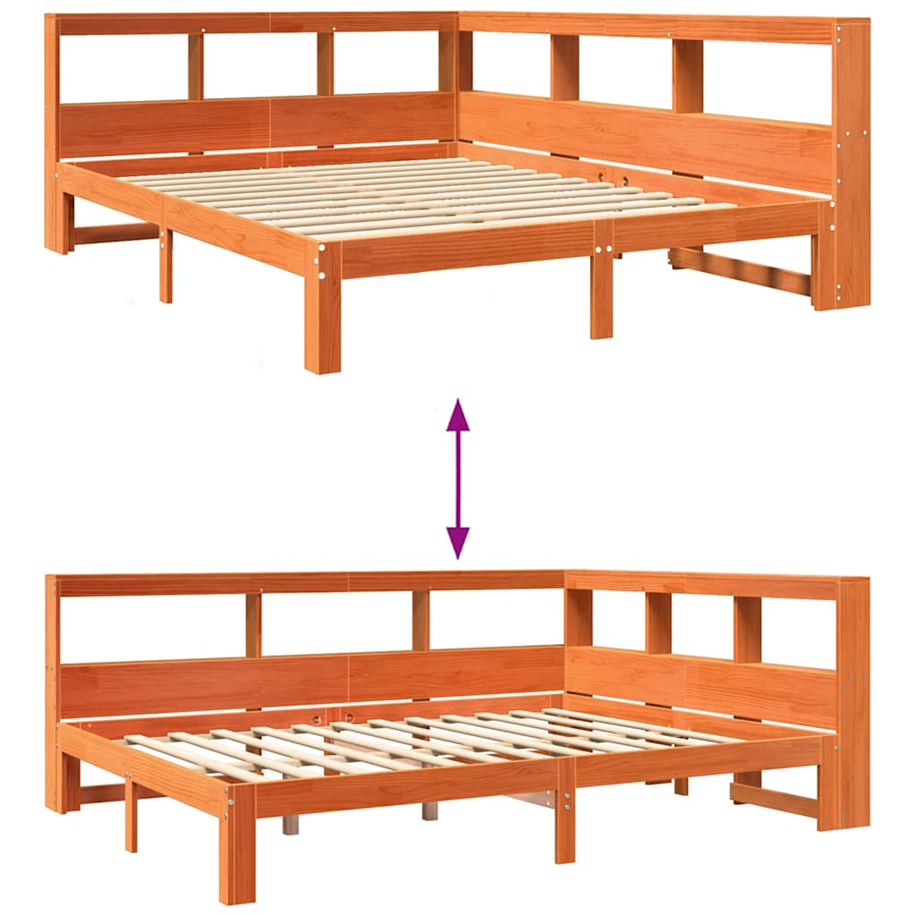 Lit bibliothèque sans matelas cire marron 135x190 cm pin massif