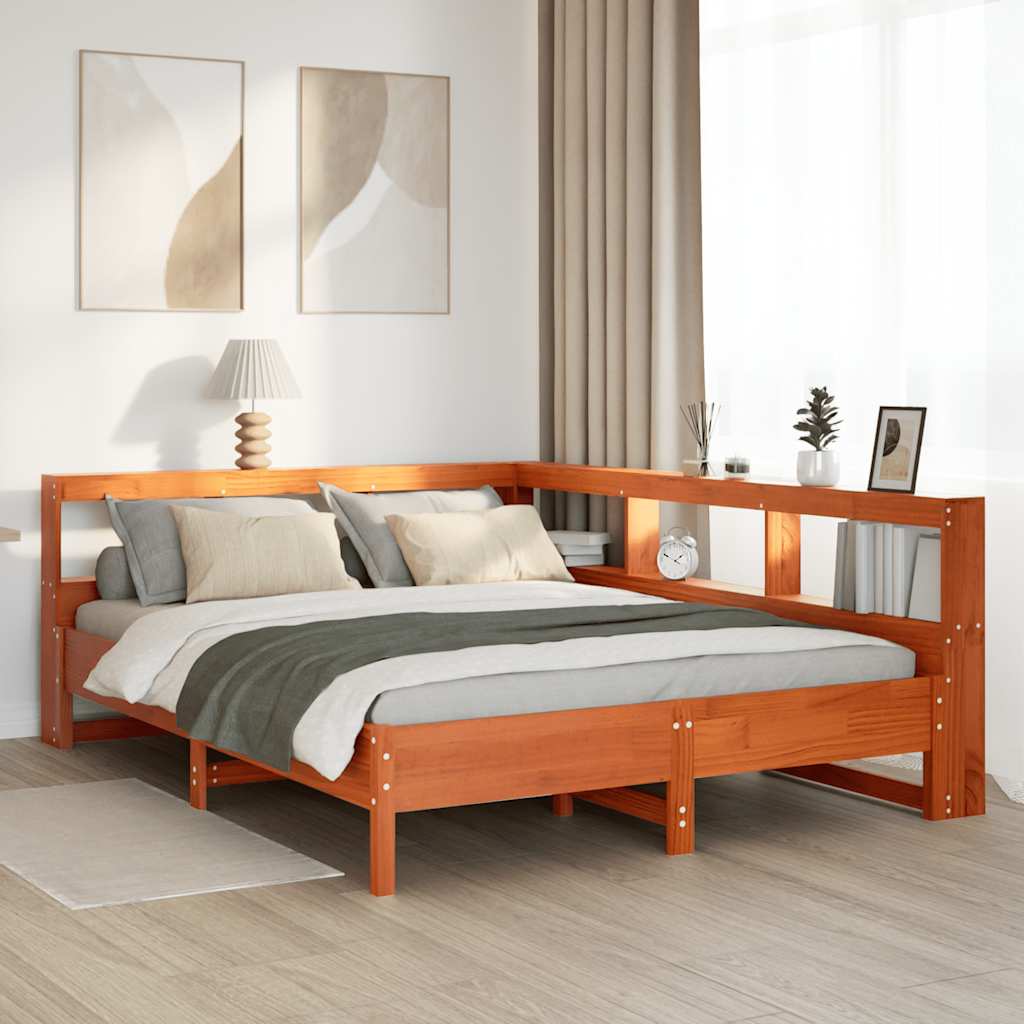 Library bed without brown wax mattress 160x200 cm solid pine