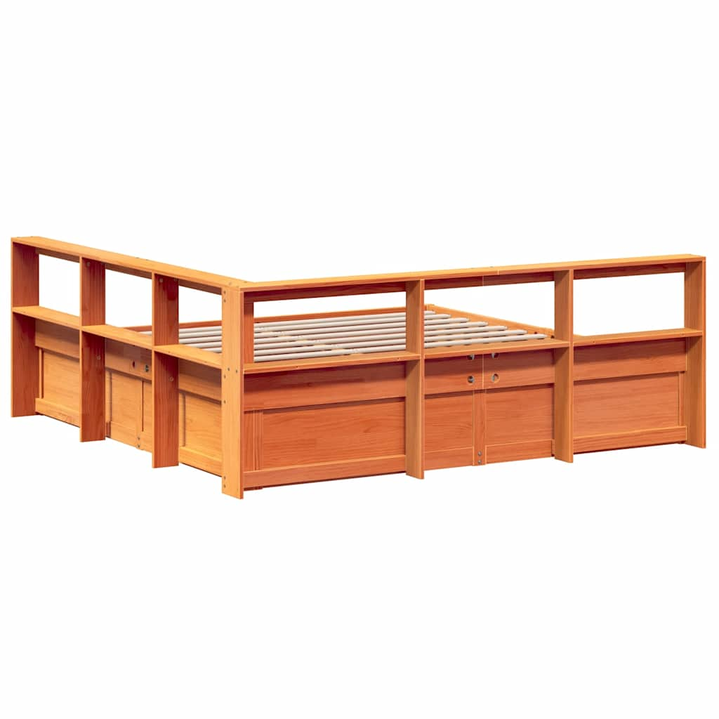 Lit bibliothèque sans matelas cire marron 200x200 cm pin massif