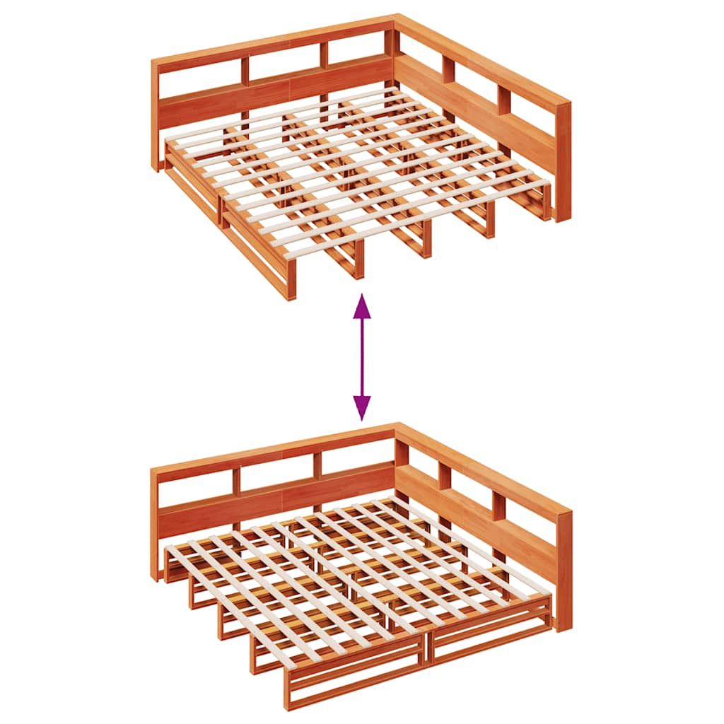 Lit bibliothèque sans matelas cire marron 200x200 cm pin massif